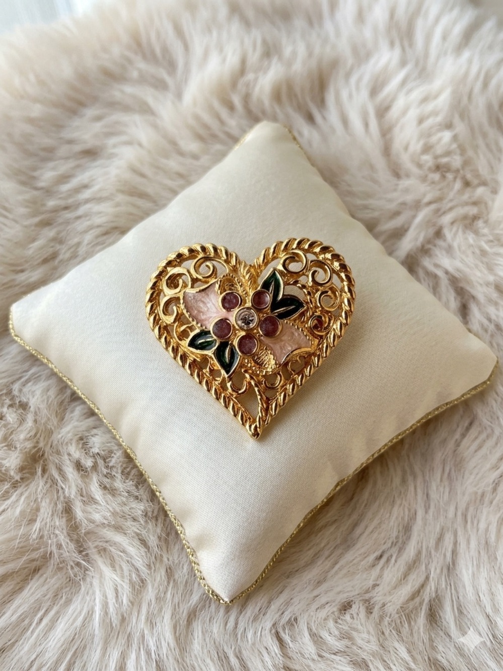 Vintage Gold Tone Heart Brooch I Love You Floral Enamel Rhinestone Pin
